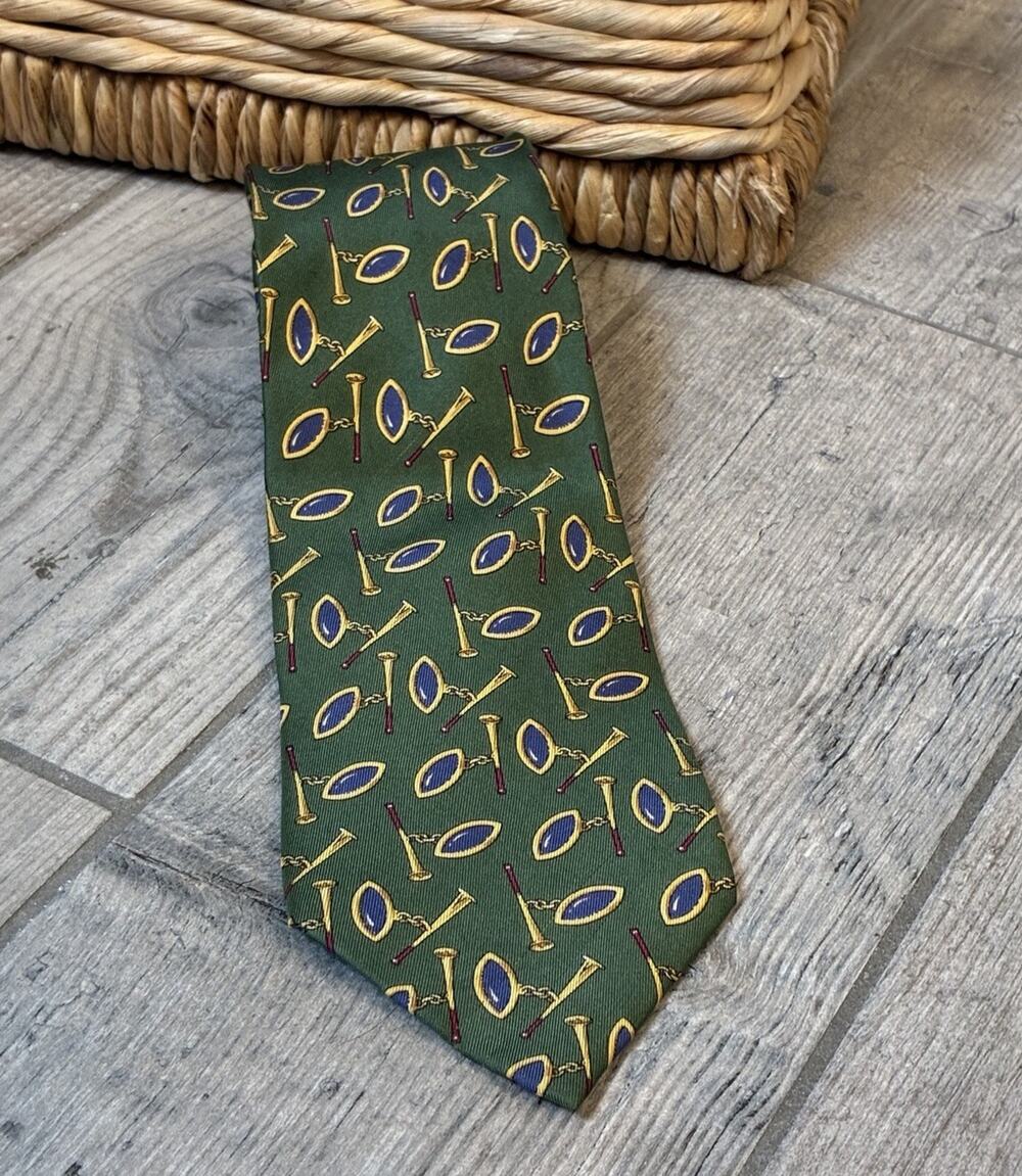 Vintage GUCCI Silk Necktie Hunter Green Gold Cufflink Hunting Horn Pattern READ